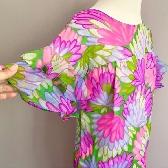 Vintage 60s Pink Purple Floral Hippie Short Sleeve Ruffled Pant Suit - XS/24" - Picture 4 of 16